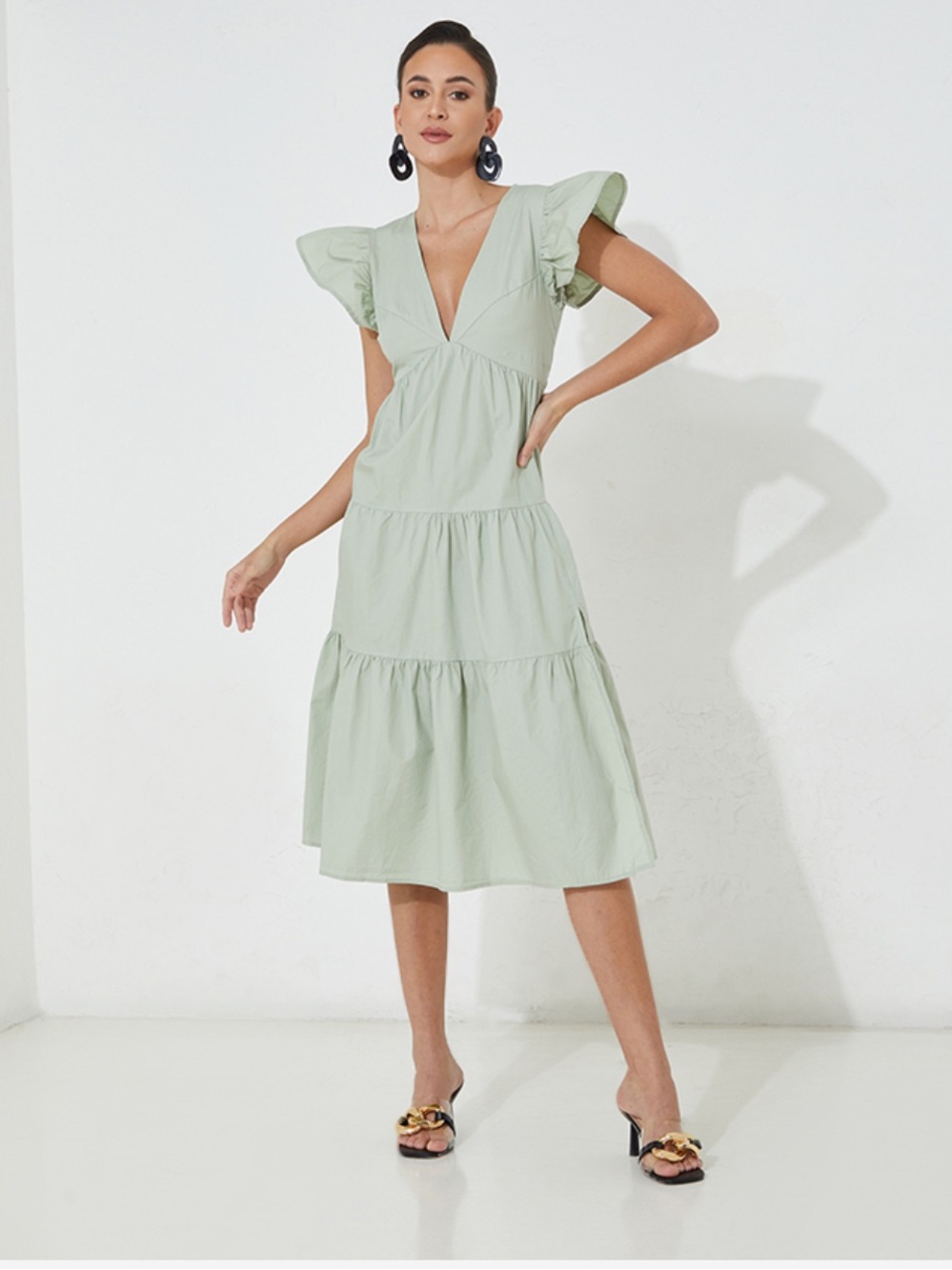 Vero Moda Tiered Midi Dress in Sage Green